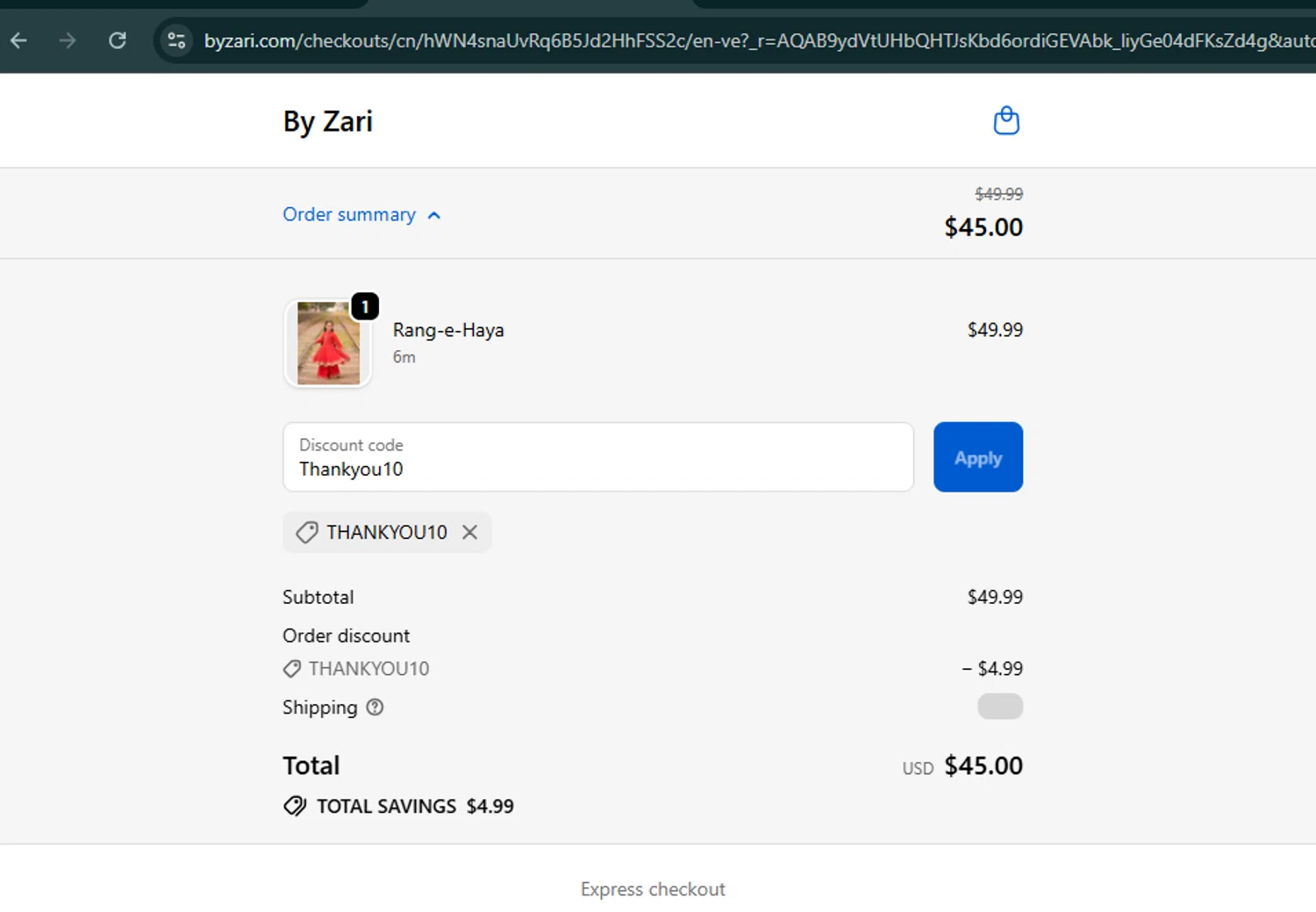 By Zari promo code screenshot showing code Thankyou10 applied at By Zari checkout page. Uploaded by SimplyCodes community member SalePro7215 on Nov 3, 2025