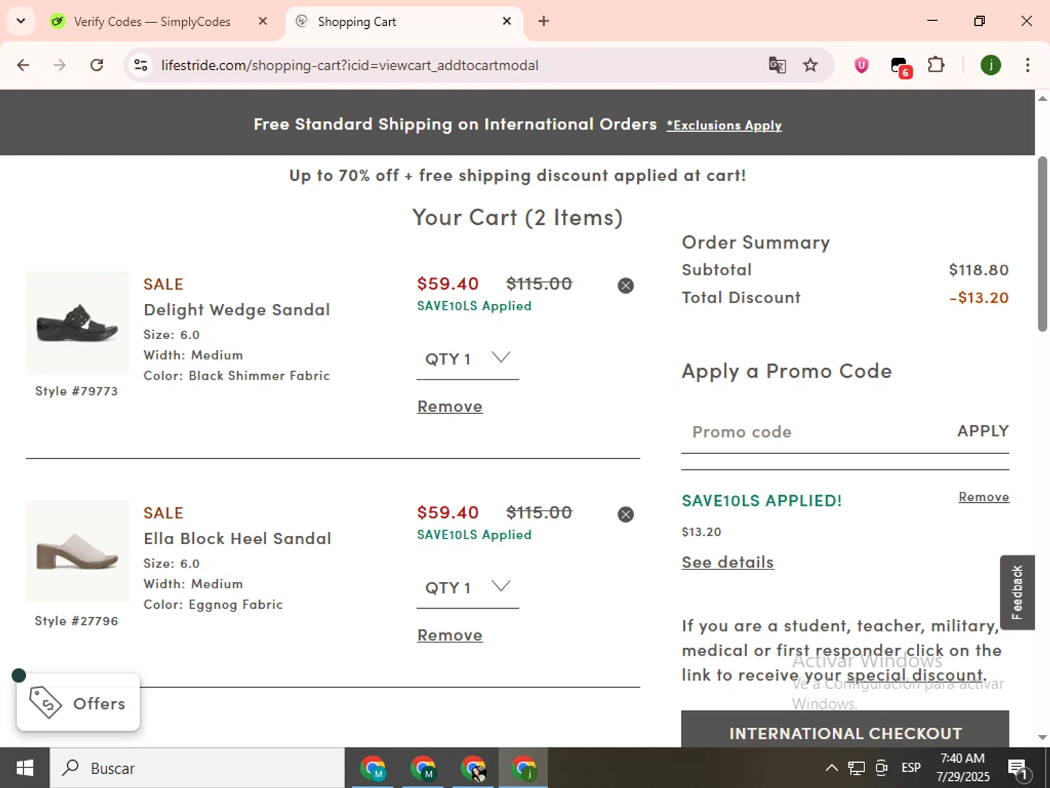 Bzees promo code screenshot showing code SAVE10LS applied at Bzees checkout page. Uploaded by SimplyCodes community member SavingsCollector2592 on Jul 29, 2025