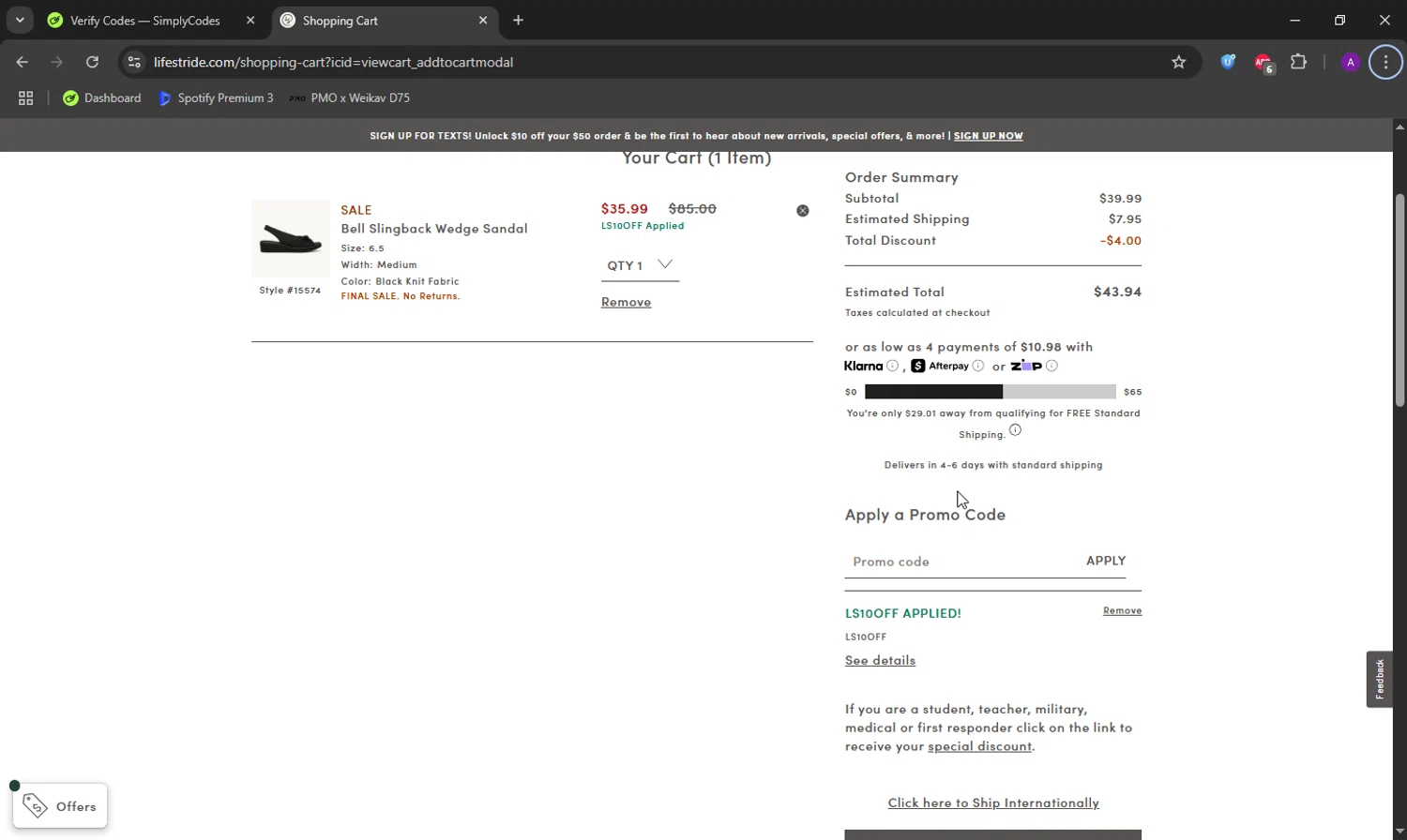 Bzees promo code screenshot showing code LS10OFF applied at Bzees checkout page. Uploaded by SimplyCodes community member DeathBone on Aug 9, 2025