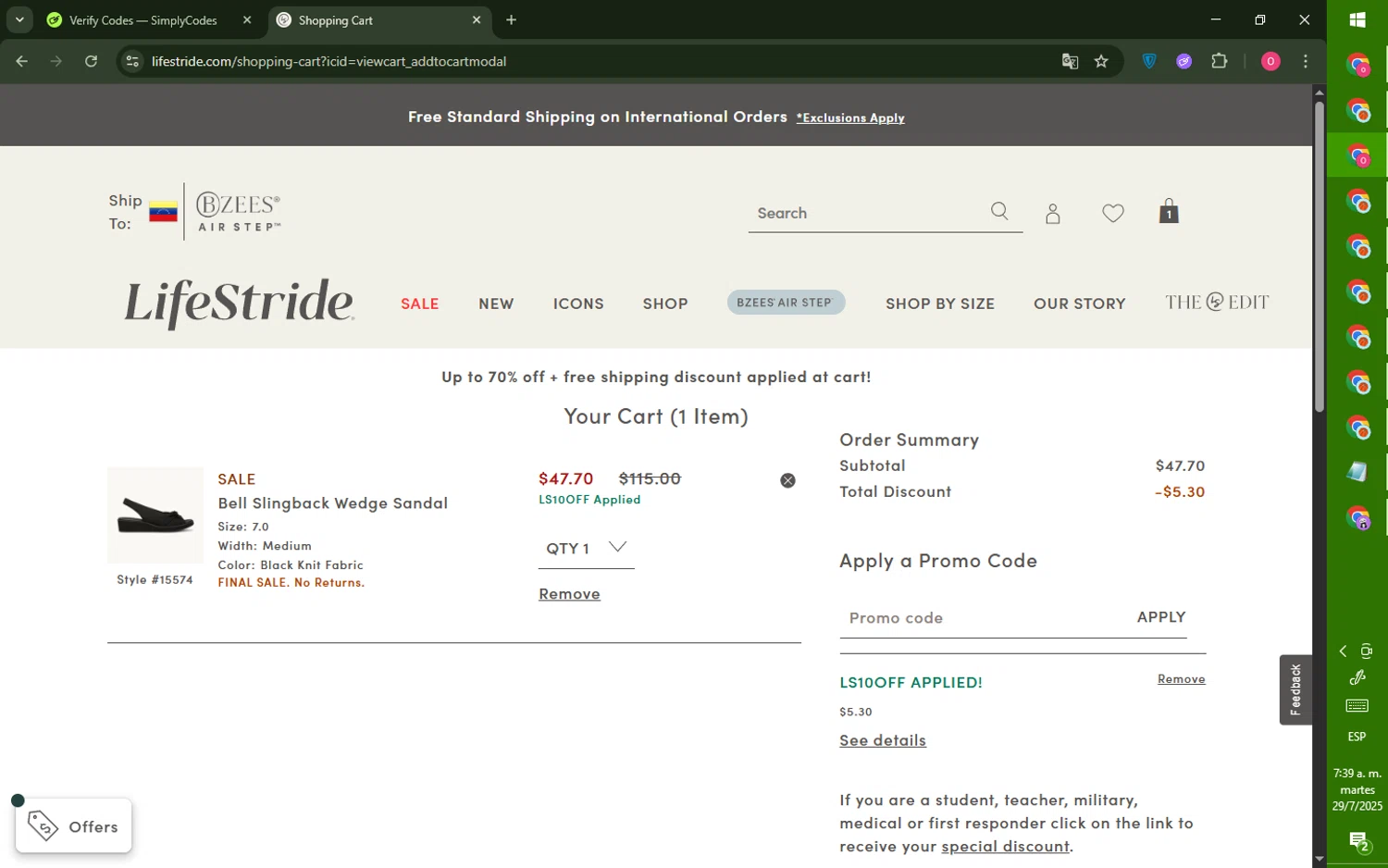 Bzees promo code screenshot showing code LS10OFF applied at Bzees checkout page. Uploaded by SimplyCodes community member LegendaryRanger6350 on Jul 29, 2025