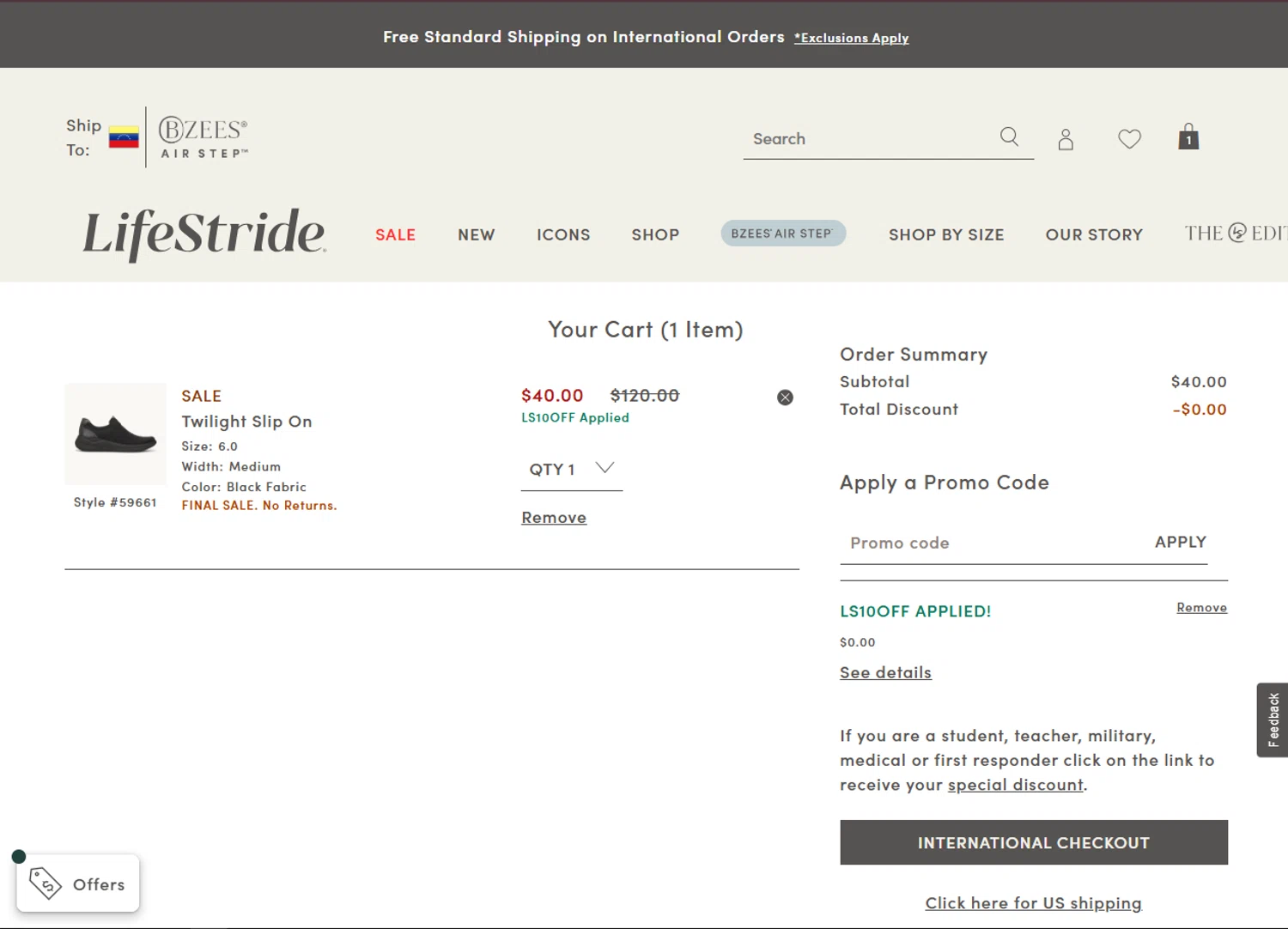 Bzees promo code screenshot showing code LS10OFF applied at Bzees checkout page. Uploaded by SimplyCodes community member VoucherFinder3467 on Jul 18, 2025