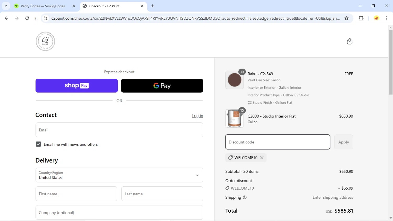 C2 Paint promo code screenshot showing code WELCOME10 applied at C2 Paint checkout page. Uploaded by SimplyCodes community member JoseVentura on Apr 7, 2025