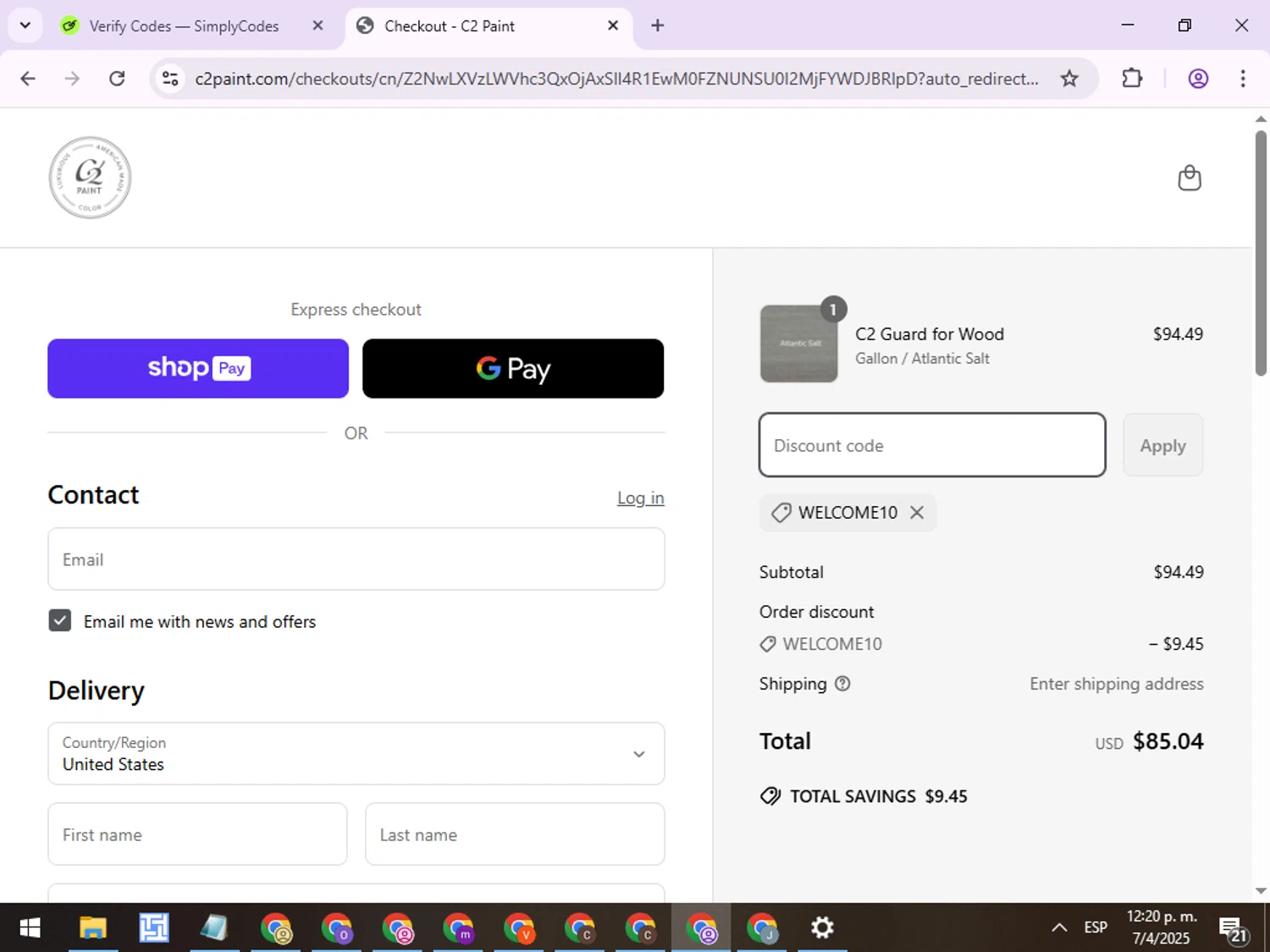 C2 Paint promo code screenshot showing code WELCOME10 applied at C2 Paint checkout page. Uploaded by SimplyCodes community member ExtraordinaryPro8536 on Apr 7, 2025