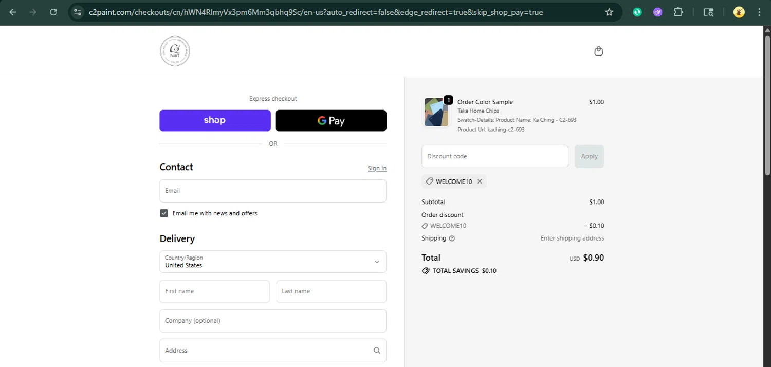 C2 Paint promo code screenshot showing code WELCOME10 applied at C2 Paint checkout page. Uploaded by SimplyCodes community member xaswqe on Oct 23, 2025