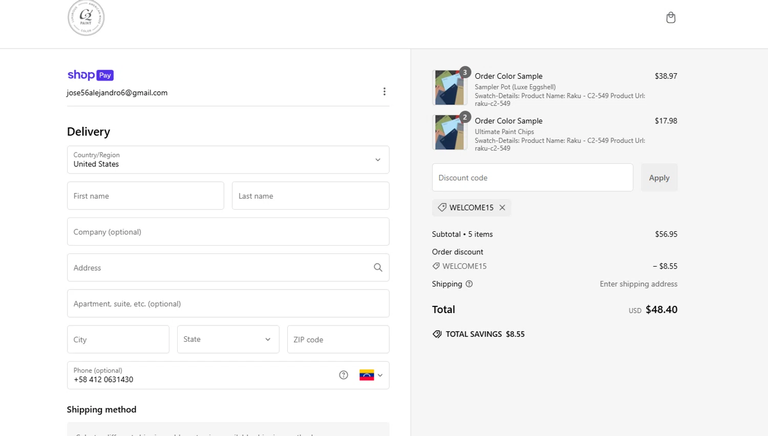 C2 Paint promo code screenshot showing code Welcome15 applied at C2 Paint checkout page. Uploaded by SimplyCodes community member D_9278 on Jan 28, 2025