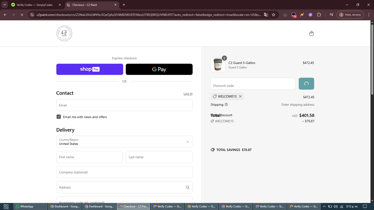 C2 Paint promo code screenshot showing code Welcome15 applied at C2 Paint checkout page. Uploaded by SimplyCodes community member ShrewdAdmiral5920 on May 14, 2025