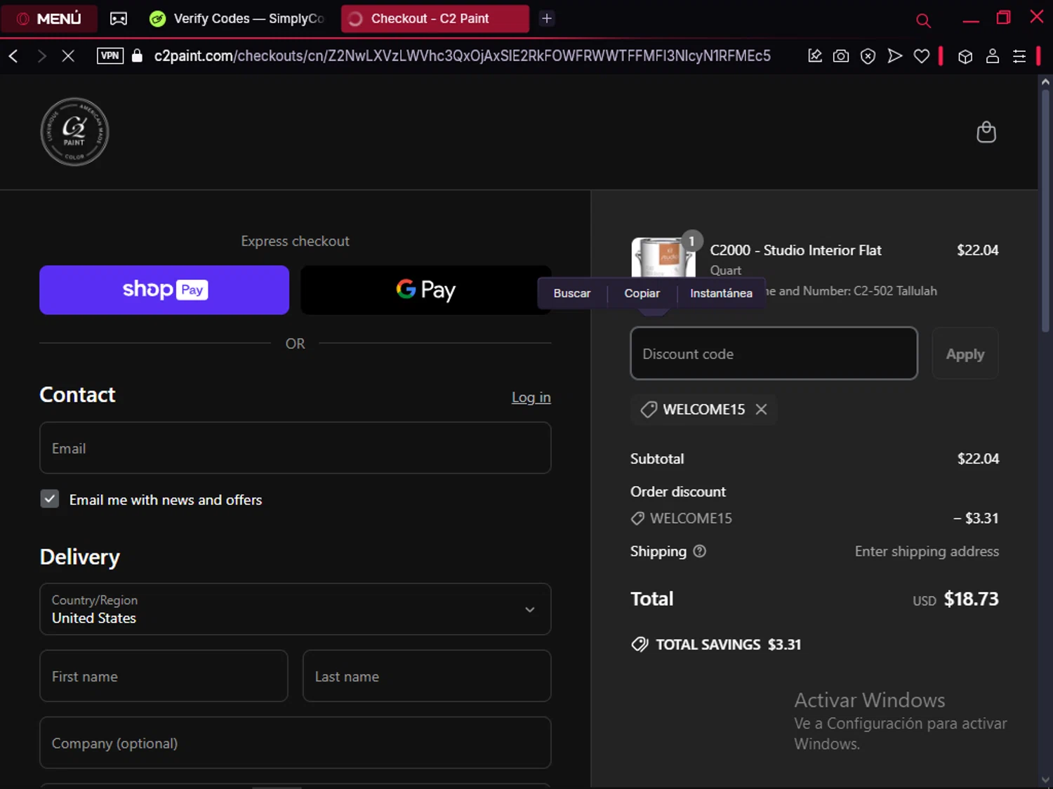 C2 Paint promo code screenshot showing code Welcome15 applied at C2 Paint checkout page. Uploaded by SimplyCodes community member LegendaryFox9861 on Mar 25, 2025