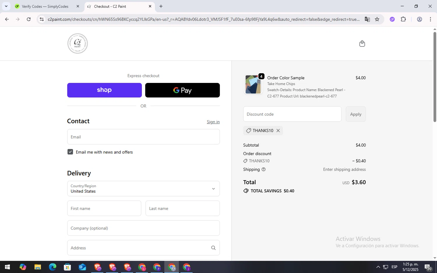 C2 Paint promo code screenshot showing code Thanks10 applied at C2 Paint checkout page. Uploaded by SimplyCodes community member RewardPilot7235 on Dec 5, 2025