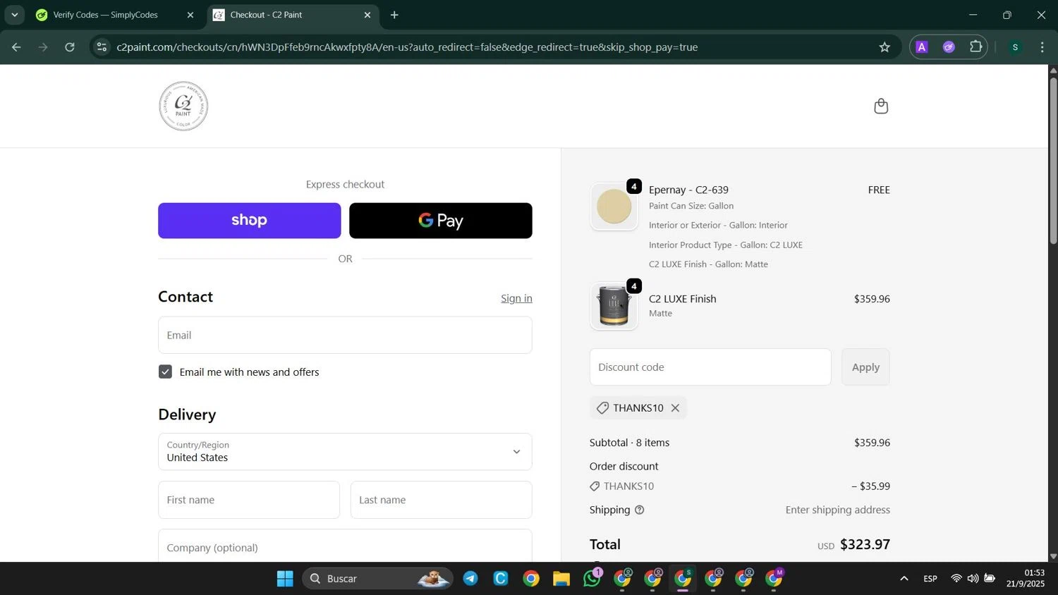 C2 Paint promo code screenshot showing code Thanks10 applied at C2 Paint checkout page. Uploaded by SimplyCodes community member SaleHunter9008 on Sep 21, 2025