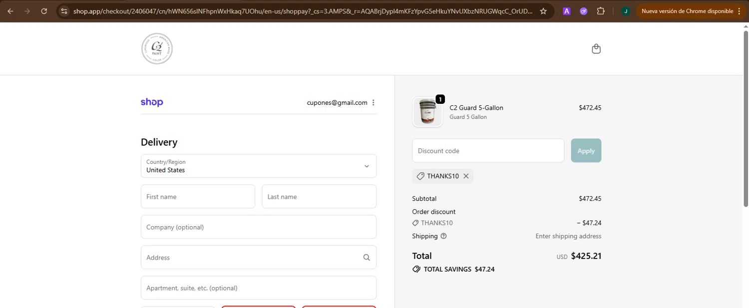 C2 Paint promo code screenshot showing code Thanks10 applied at C2 Paint checkout page. Uploaded by SimplyCodes community member ShieldCaptain7812 on Dec 5, 2025