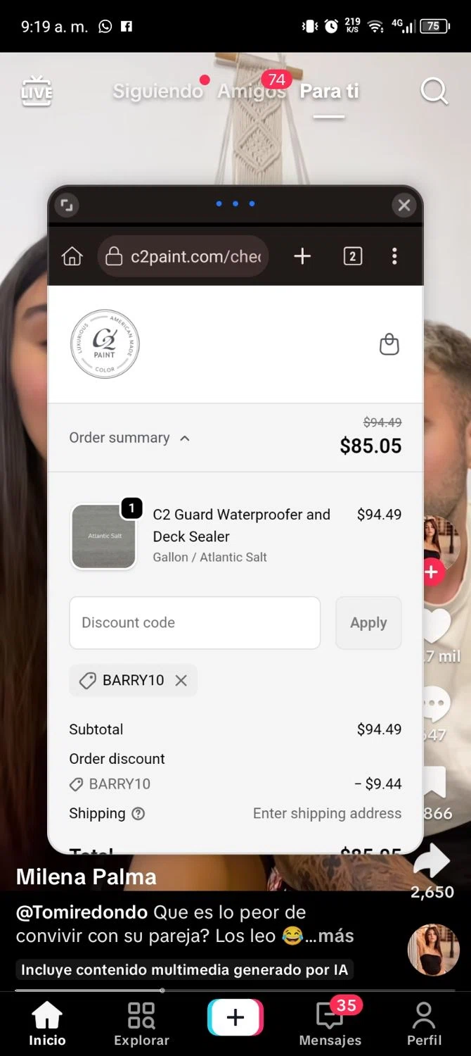C2 Paint promo code screenshot showing code BARRY10 applied at C2 Paint checkout page. Uploaded by SimplyCodes community member ScanExpert7367 on Dec 5, 2025