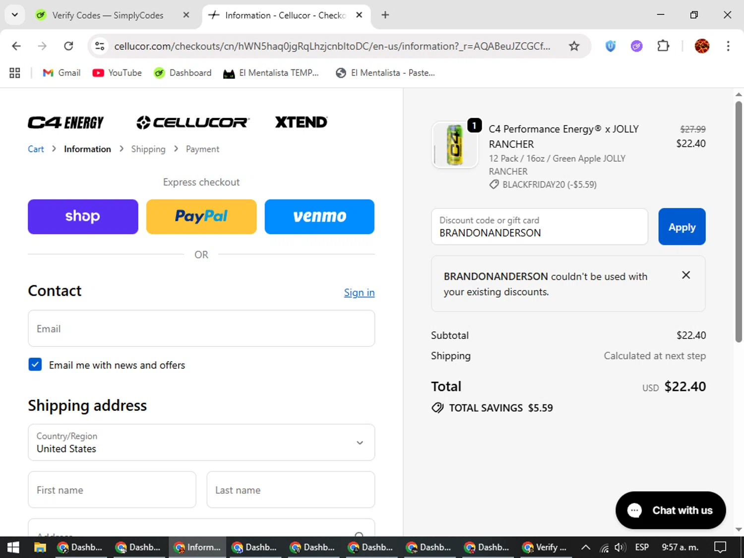 C4 Energy promo code screenshot showing code BRANDONANDERSON applied at C4 Energy checkout page. Uploaded by SimplyCodes community member Rodolfo on Nov 25, 2025