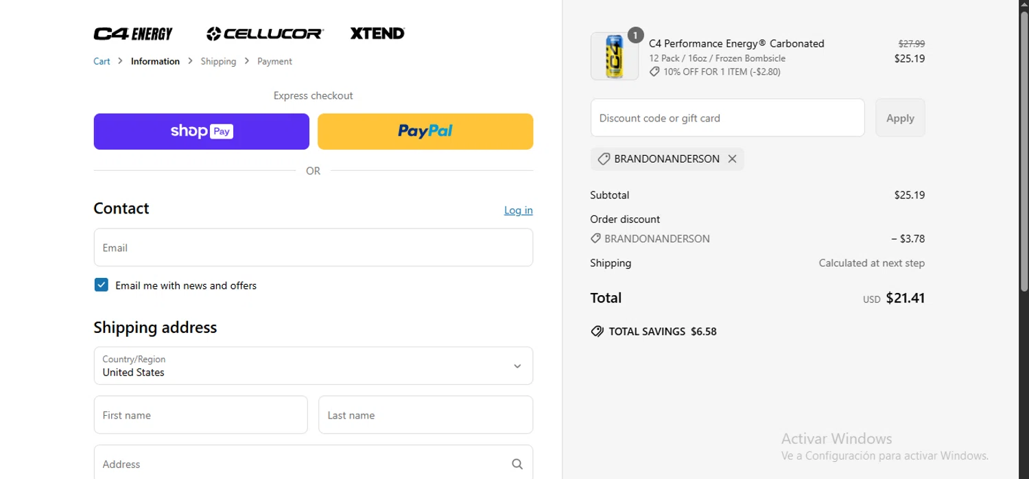 C4 Energy promo code screenshot showing code BRANDONANDERSON applied at C4 Energy checkout page. Uploaded by SimplyCodes community member ScanSpotter1700 on Apr 17, 2025