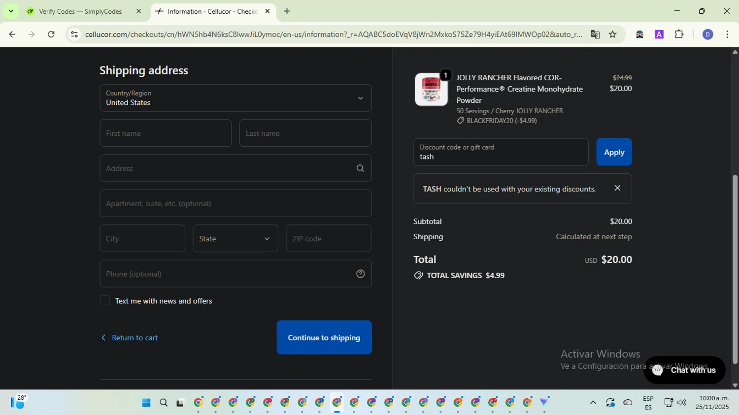 C4 Energy checkout page showing C4 Energy promo code box | Screenshot taken by SimplyCodes community member on Nov 25, 2025