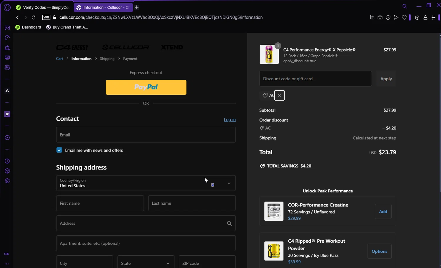 C4 Energy promo code screenshot showing code AC applied at C4 Energy checkout page. Uploaded by SimplyCodes community member Darka007 on Dec 27, 2024