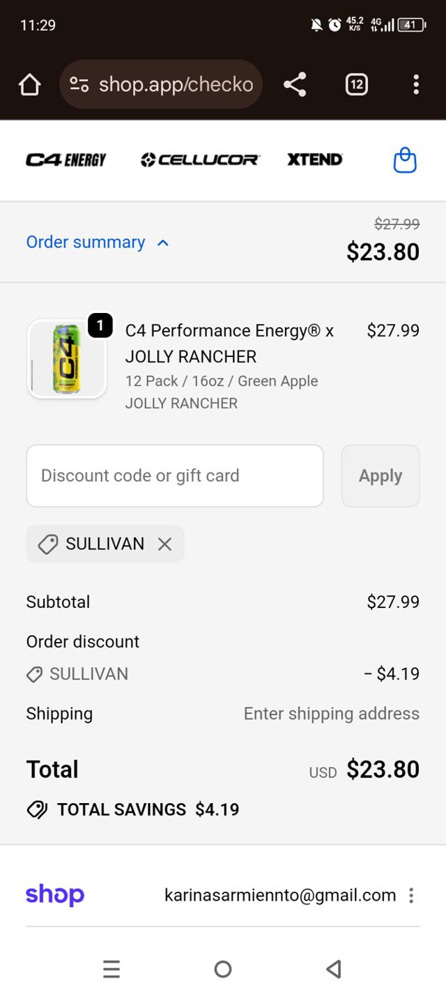 C4 Energy checkout page showing C4 Energy promo code box | Screenshot taken by SimplyCodes community member on Sep 29, 2025