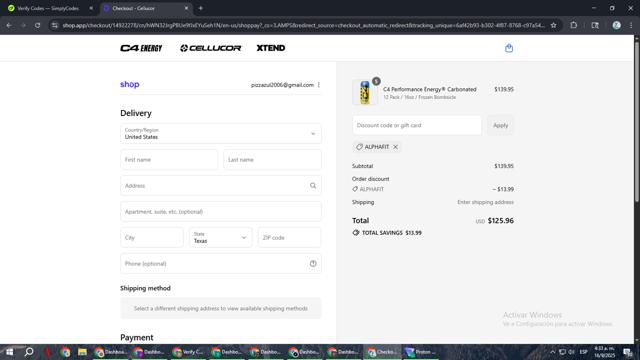 C4 Energy checkout page showing C4 Energy promo code box | Screenshot taken by SimplyCodes community member on Sep 16, 2025