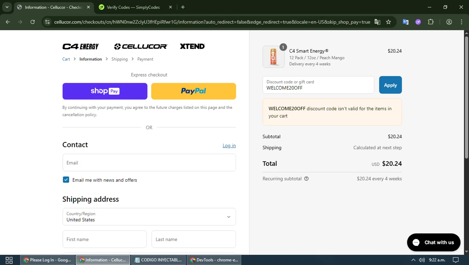 C4 Energy promo code screenshot showing code WELCOME20OFF applied at C4 Energy checkout page. Uploaded by SimplyCodes community member CodeMonarch3919 on Jul 19, 2025