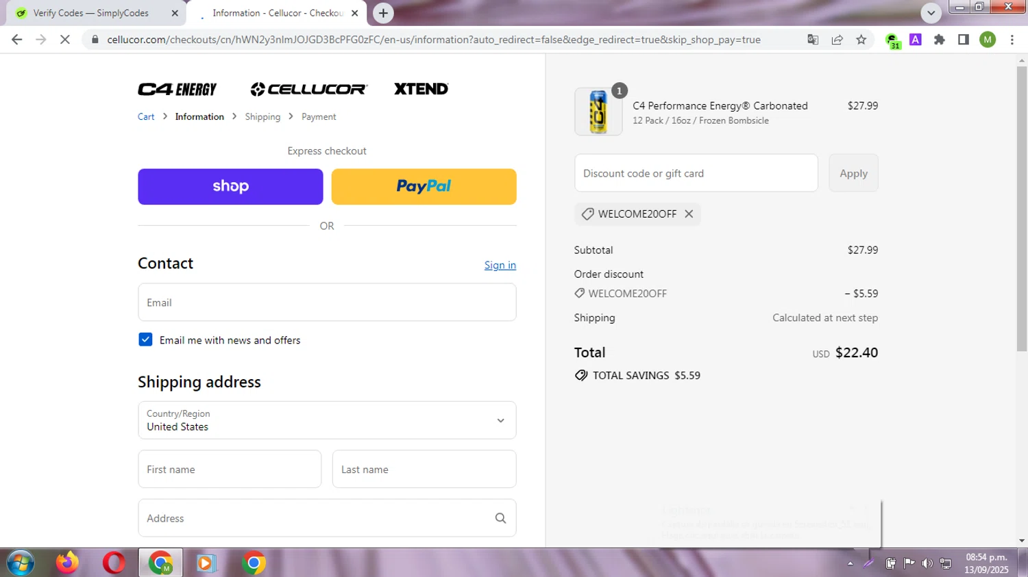 C4 Energy promo code screenshot showing code WELCOME20OFF applied at C4 Energy checkout page. Uploaded by SimplyCodes community member Diosprovee on Sep 14, 2025