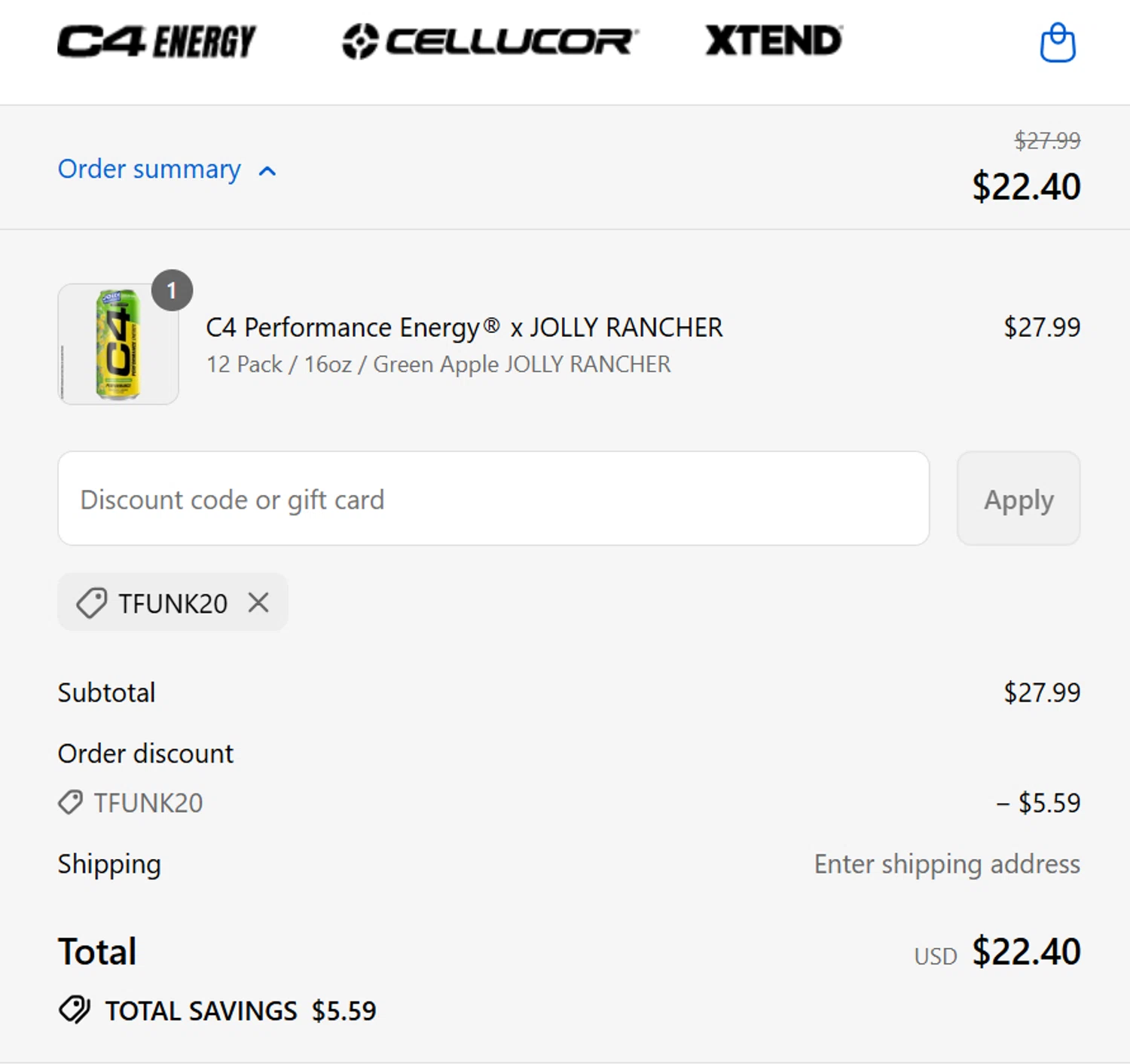 C4 Energy promo code screenshot showing code TFUNK20 applied at C4 Energy checkout page. Uploaded by SimplyCodes community member _Flash_ on Sep 2, 2025