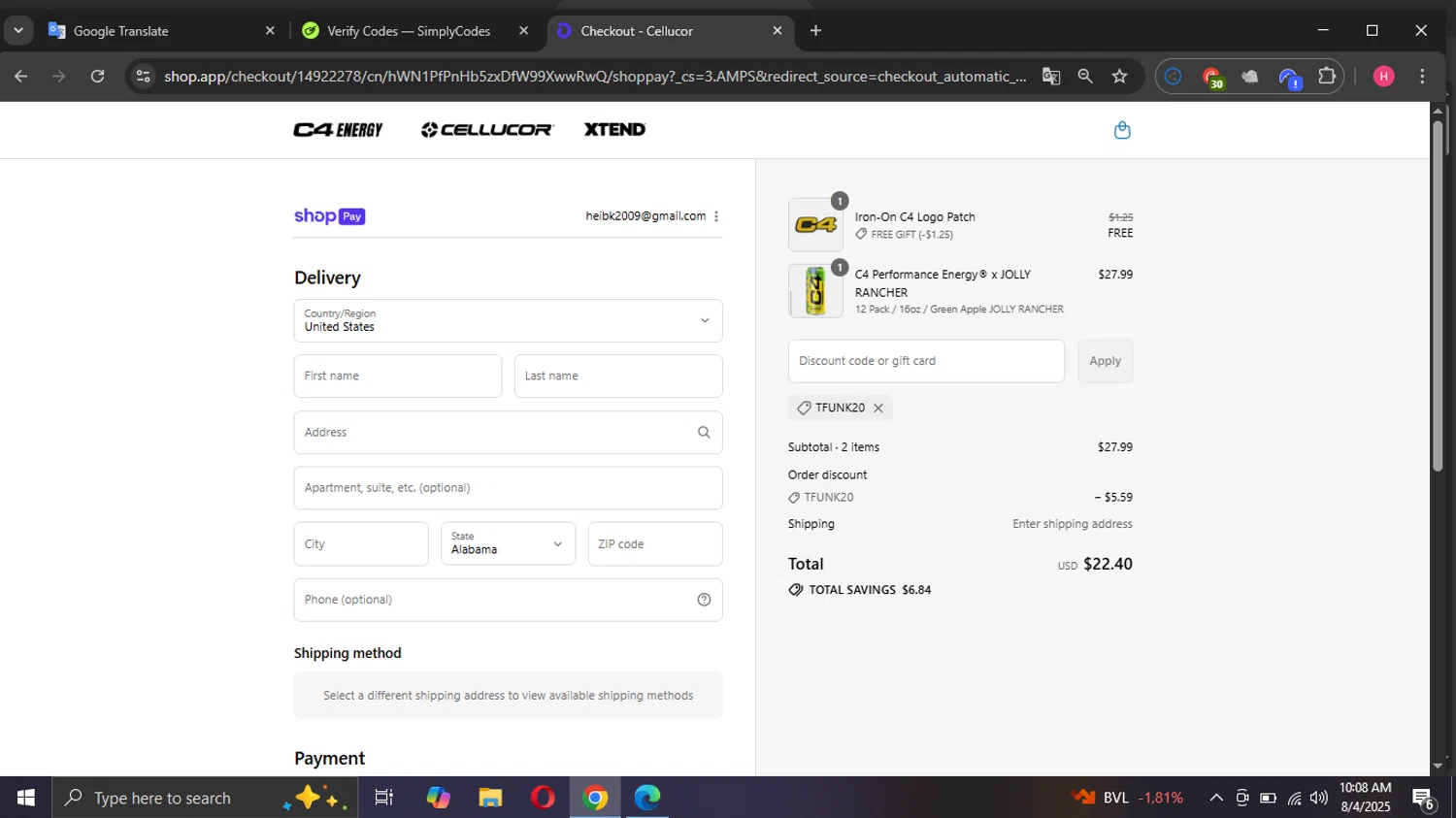 C4 Energy promo code screenshot showing code TFUNK20 applied at C4 Energy checkout page. Uploaded by SimplyCodes community member Sargentofrost on Aug 4, 2025