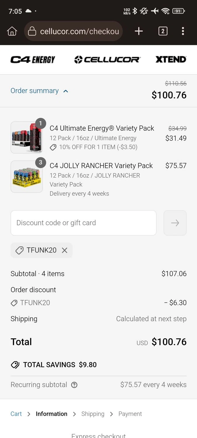 C4 Energy promo code screenshot showing code TFUNK20 applied at C4 Energy checkout page. Uploaded by SimplyCodes community member Willfrenny_18 on Jun 7, 2025