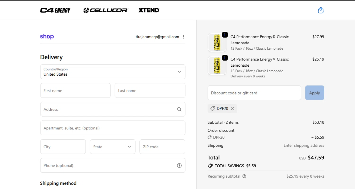 C4 Energy checkout page showing C4 Energy promo code box | Screenshot taken by SimplyCodes community member on Dec 29, 2025