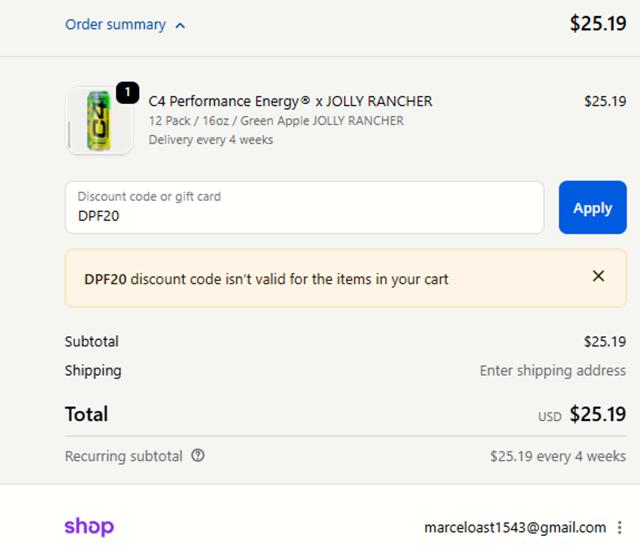C4 Energy checkout page showing C4 Energy promo code box | Screenshot taken by SimplyCodes community member on Oct 3, 2025