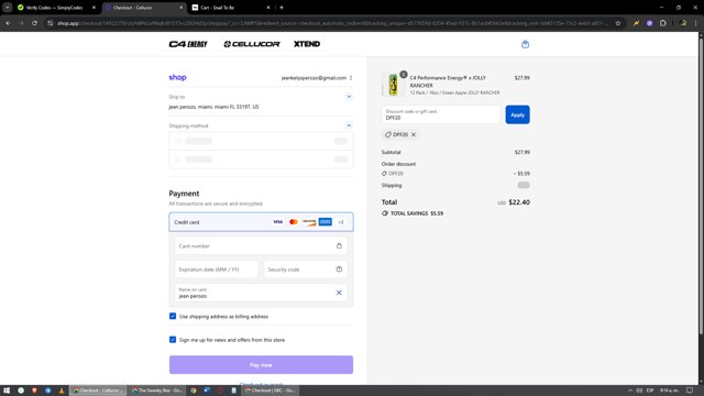 C4 Energy checkout page showing C4 Energy promo code box | Screenshot taken by SimplyCodes community member on Sep 4, 2025