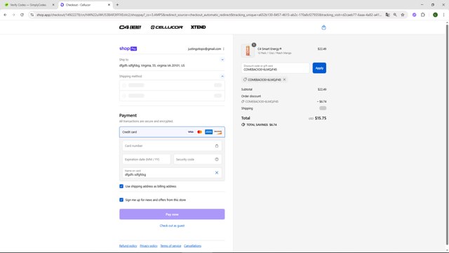 C4 Energy checkout page showing C4 Energy promo code box | Screenshot taken by SimplyCodes community member on Aug 21, 2025