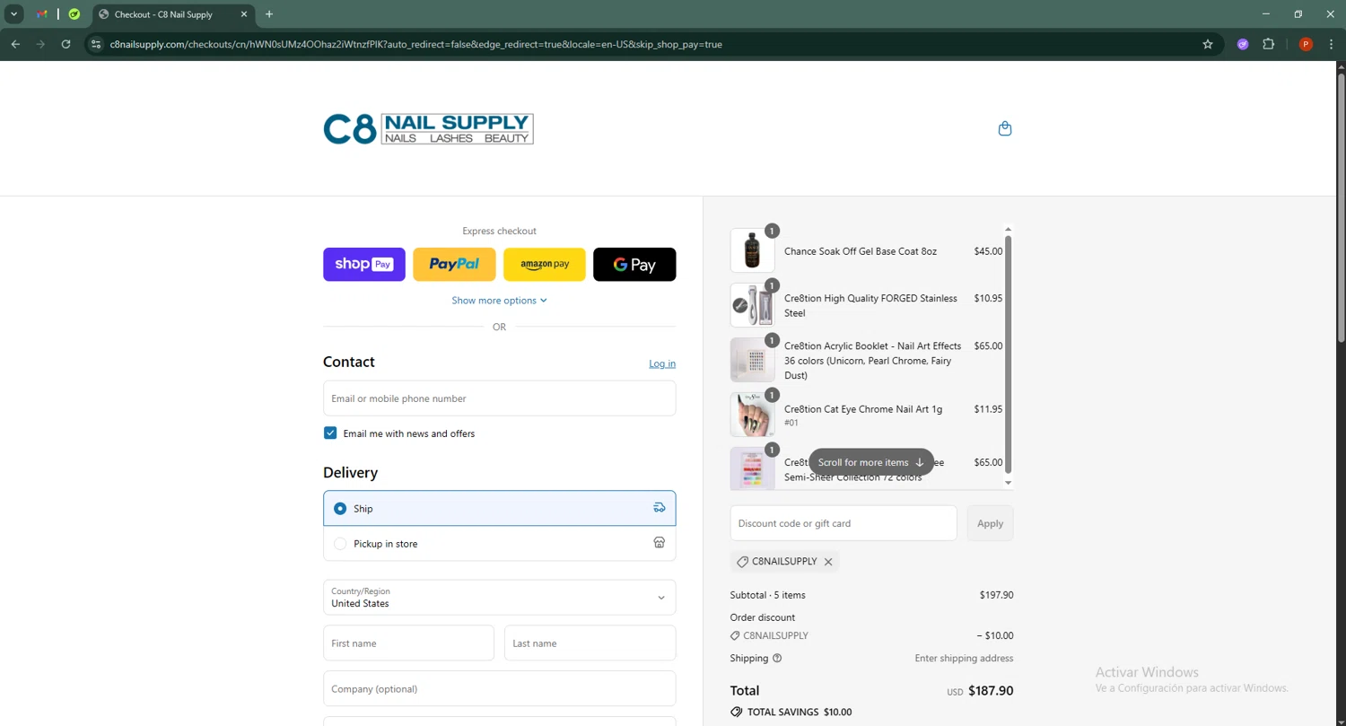 C8 Nail Supply discount code screenshot showing code C8NailSupply applied at C8 Nail Supply checkout page. Uploaded by SimplyCodes community member Isabelle_adjanichamber on Jul 21, 2025