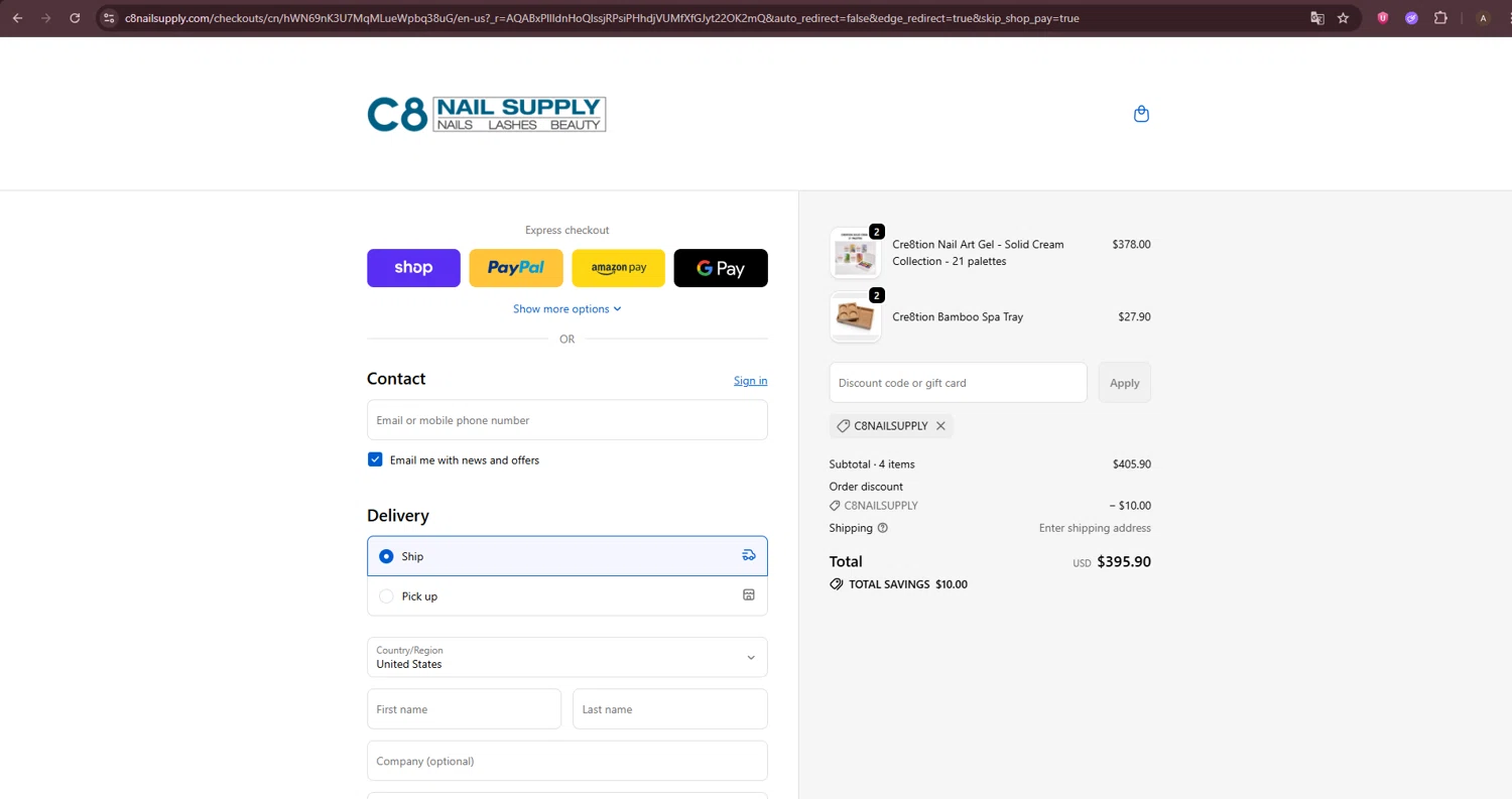 C8 Nail Supply discount code screenshot showing code C8NailSupply applied at C8 Nail Supply checkout page. Uploaded by SimplyCodes community member ShieldTiger5081 on Dec 7, 2025