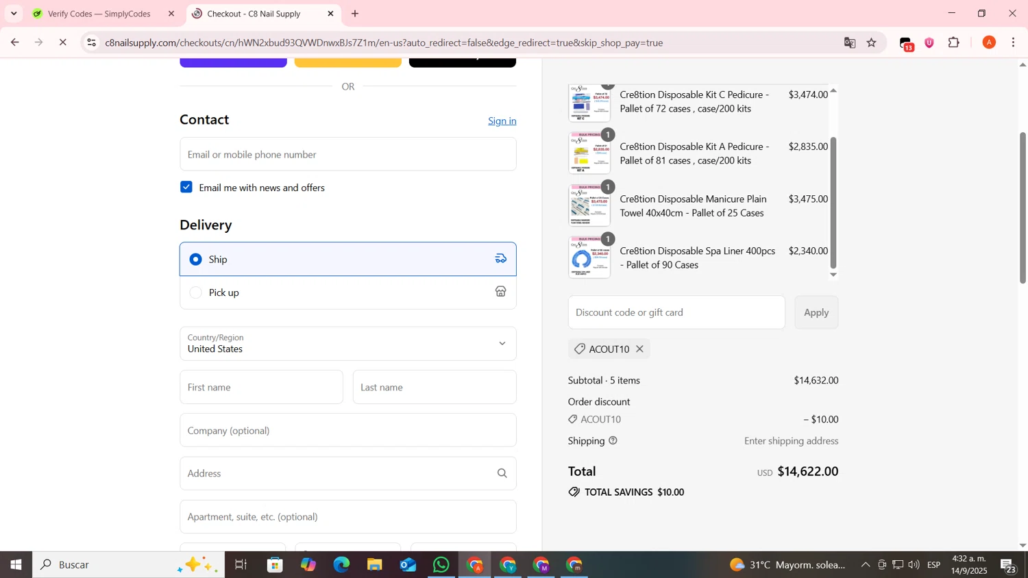 C8 Nail Supply discount code screenshot showing code ACOUT10 applied at C8 Nail Supply checkout page. Uploaded by SimplyCodes community member FrugalSentinel6206 on Sep 14, 2025