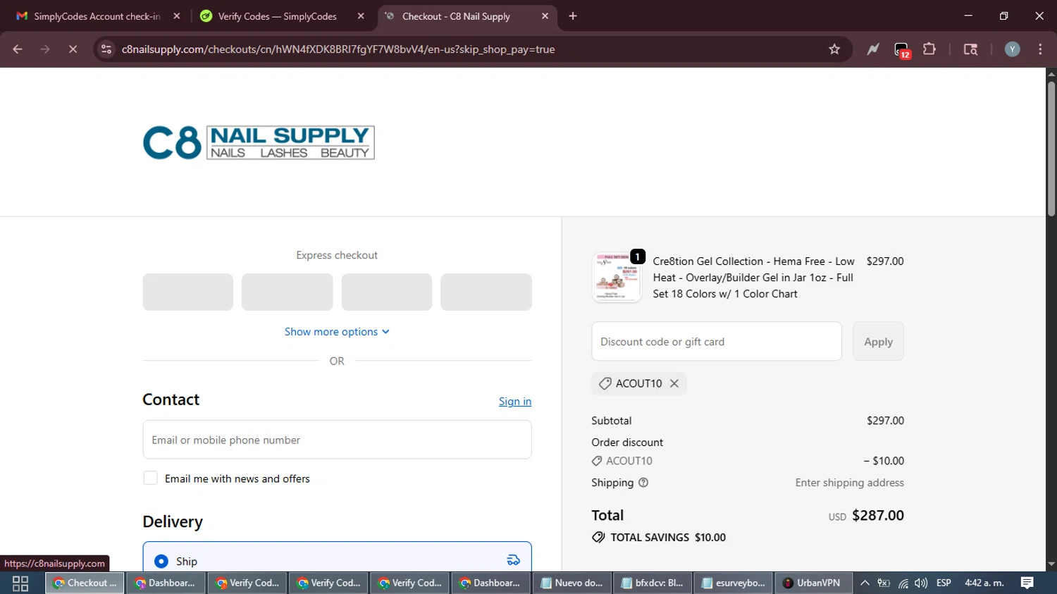 C8 Nail Supply discount code screenshot showing code ACOUT10 applied at C8 Nail Supply checkout page. Uploaded by SimplyCodes community member MoneyTiger5162 on Oct 29, 2025