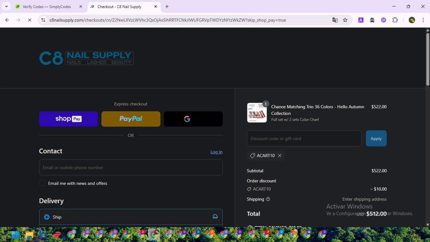 C8 Nail Supply discount code screenshot showing code ACART10 applied at C8 Nail Supply checkout page. Uploaded by SimplyCodes community member RewardNavigator9728 on Jun 14, 2025