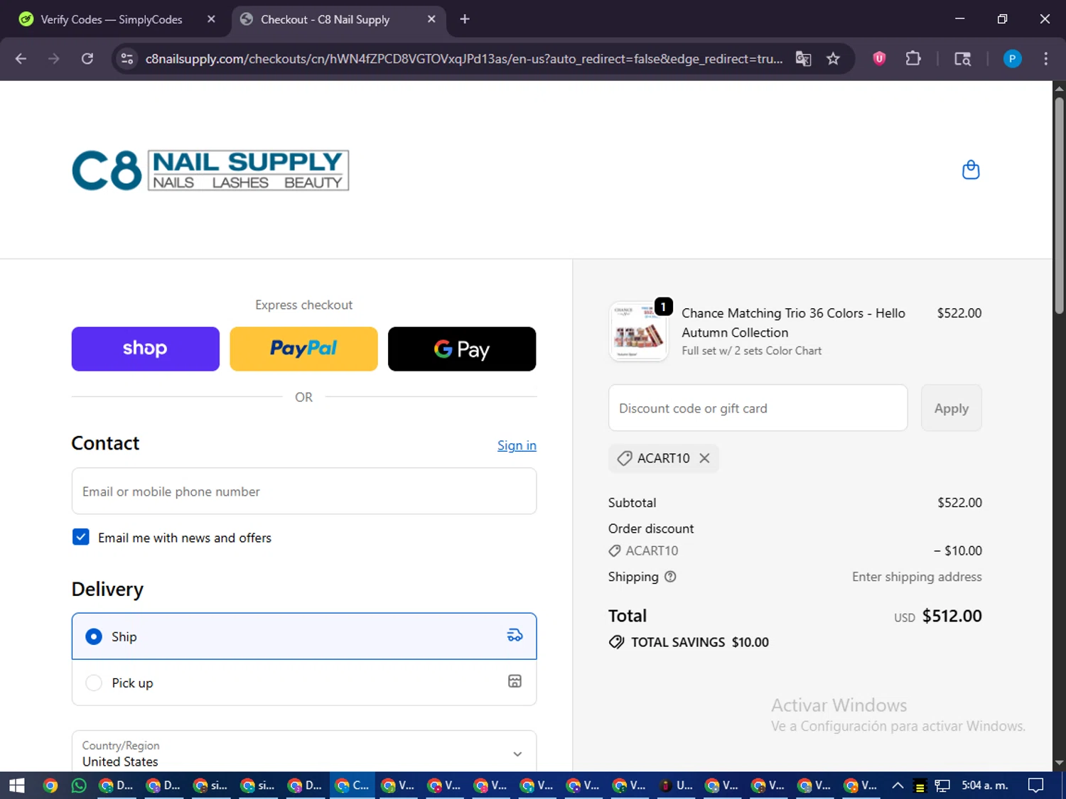 C8 Nail Supply discount code screenshot showing code ACART10 applied at C8 Nail Supply checkout page. Uploaded by SimplyCodes community member juiceWRLD on Oct 29, 2025