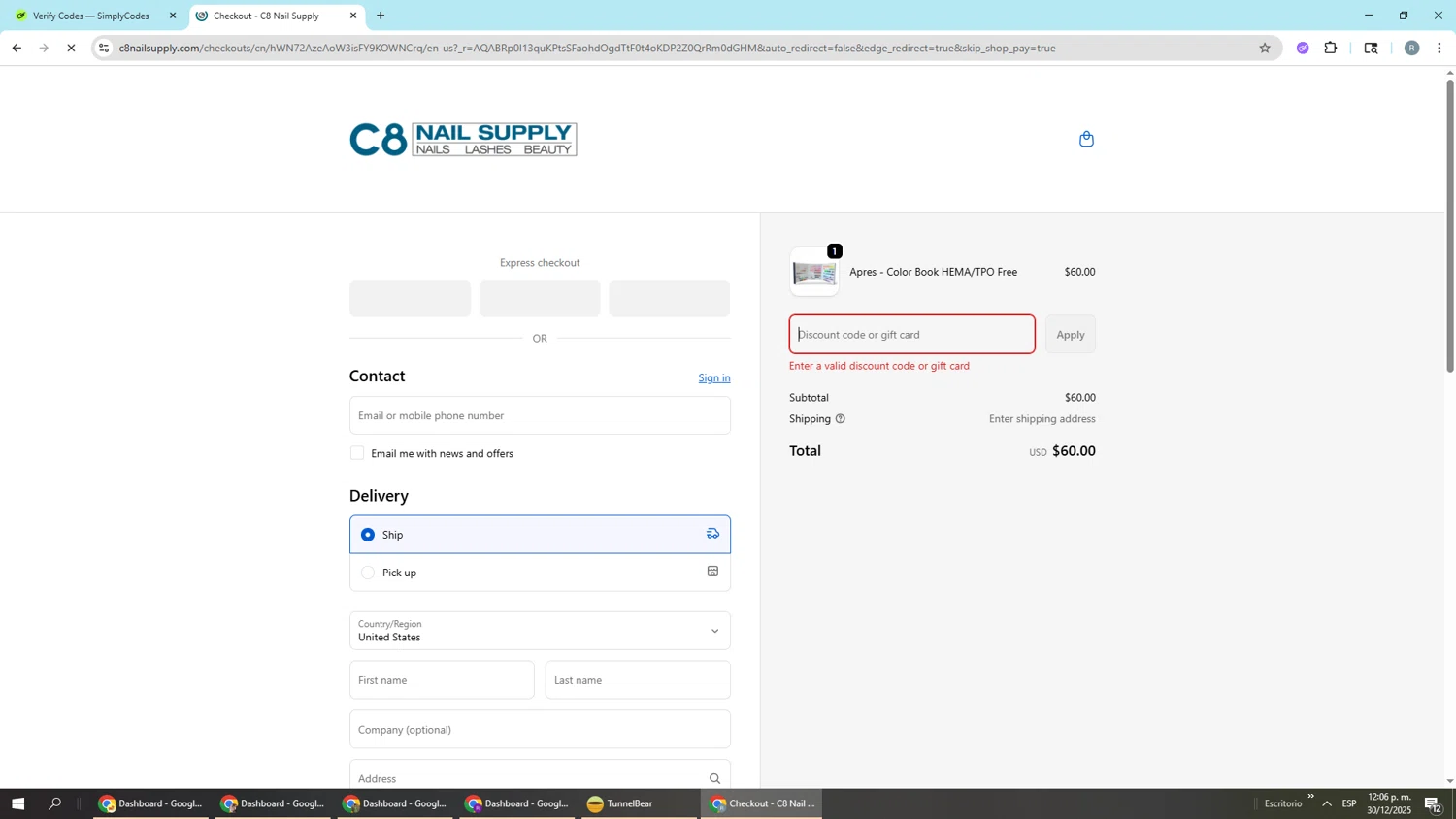 C8 Nail Supply discount code screenshot showing code C8XMASB applied at C8 Nail Supply checkout page. Uploaded by SimplyCodes community member Piolin on Dec 30, 2025