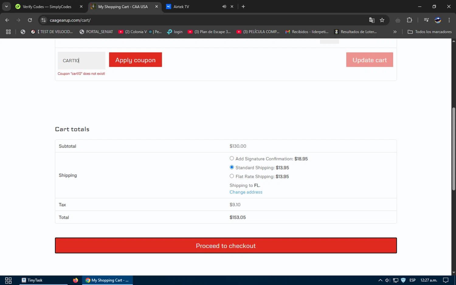 CAA USA coupon code screenshot showing code CART10 applied at CAA USA checkout page. Uploaded by SimplyCodes community member SavvySage3352 on May 9, 2025