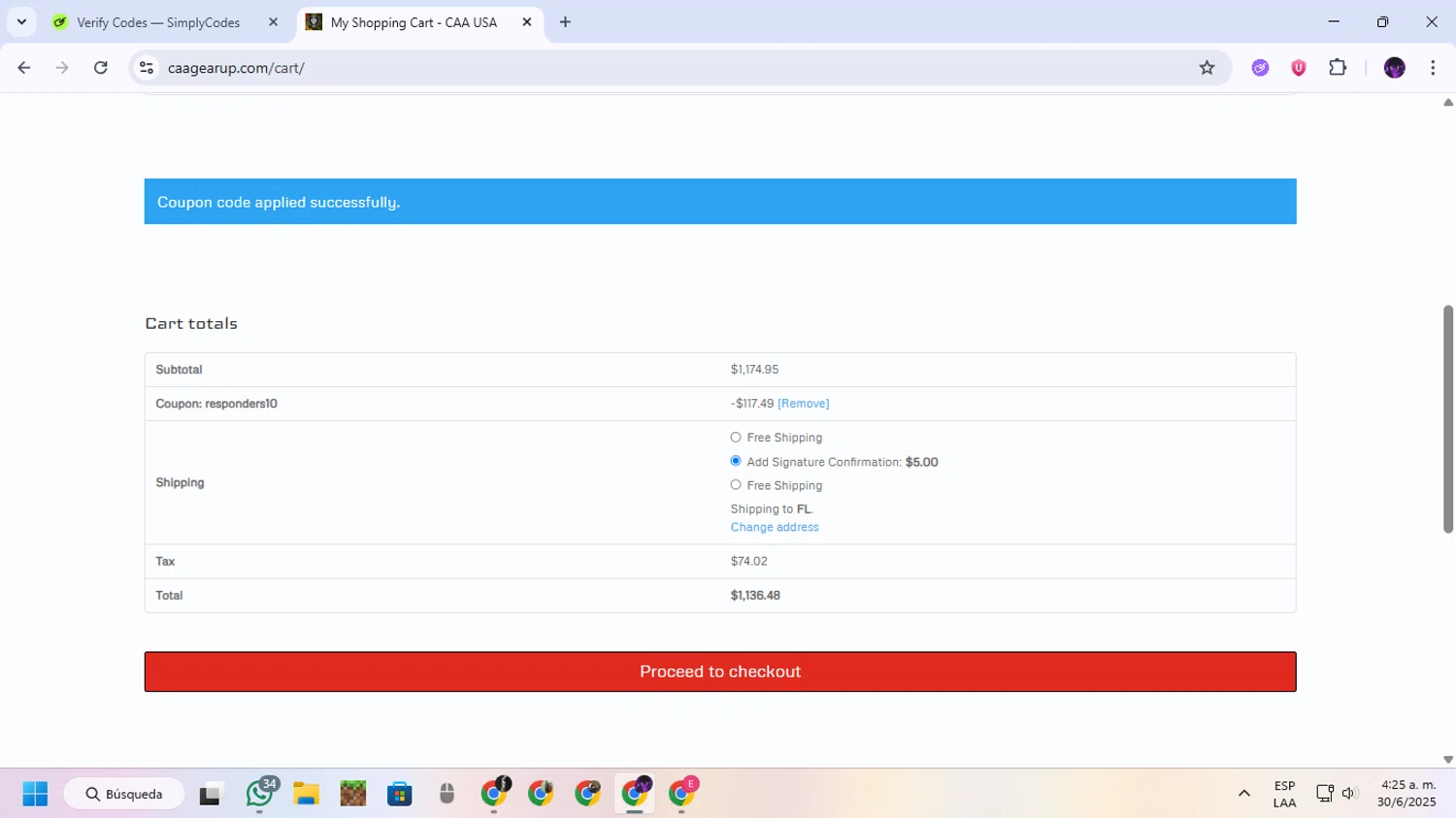 CAA USA coupon code screenshot showing code Responders10 applied at CAA USA checkout page. Uploaded by SimplyCodes community member GloriousGuardian9063 on Jun 30, 2025