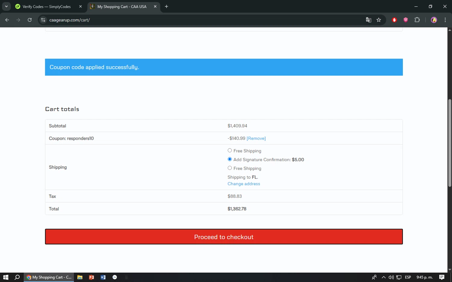 CAA USA coupon code screenshot showing code Responders10 applied at CAA USA checkout page. Uploaded by SimplyCodes community member TreasureShopper9156 on Jun 20, 2025