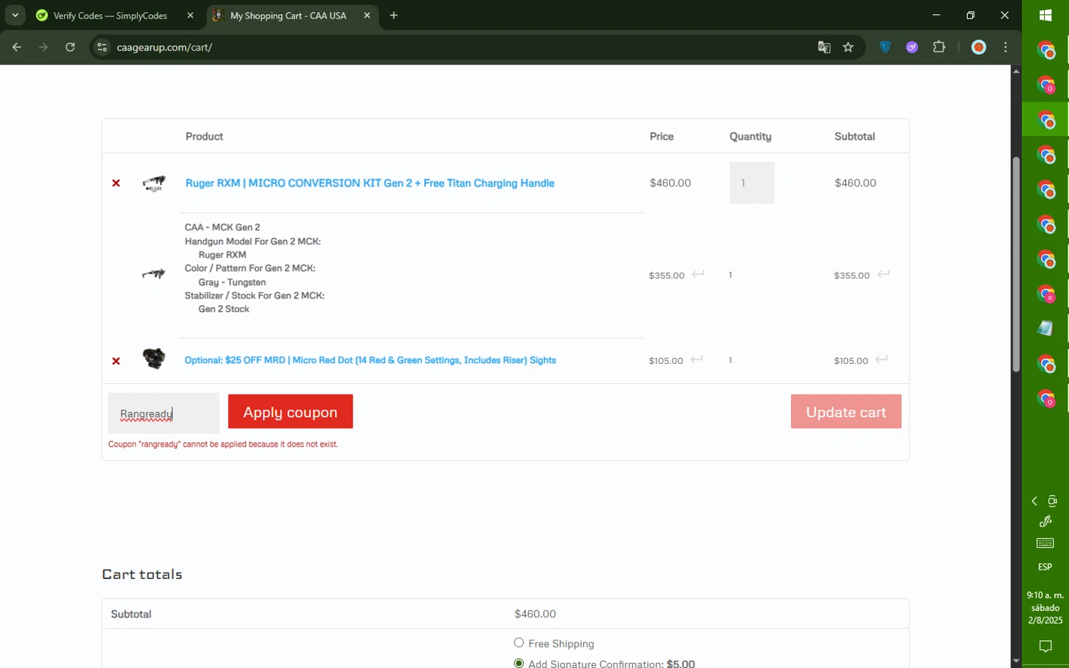 CAA USA coupon code screenshot showing code Rangready applied at CAA USA checkout page. Uploaded by SimplyCodes community member DealTiger9869 on Aug 2, 2025