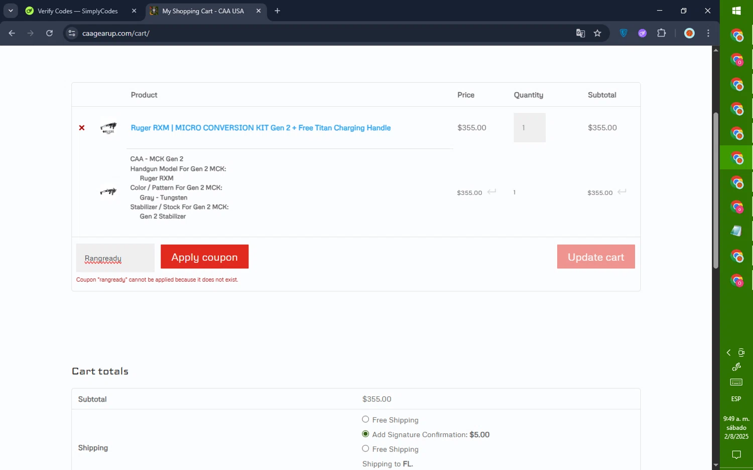 CAA USA coupon code screenshot showing code Rangready applied at CAA USA checkout page. Uploaded by SimplyCodes community member GoldPilot5958 on Aug 2, 2025