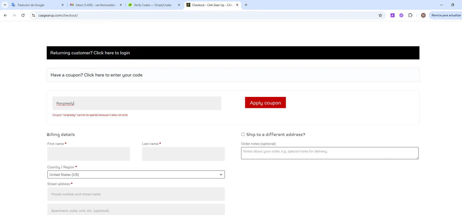 CAA USA coupon code screenshot showing code Rangready applied at CAA USA checkout page. Uploaded by SimplyCodes community member MightyMaven4946 on Aug 2, 2025