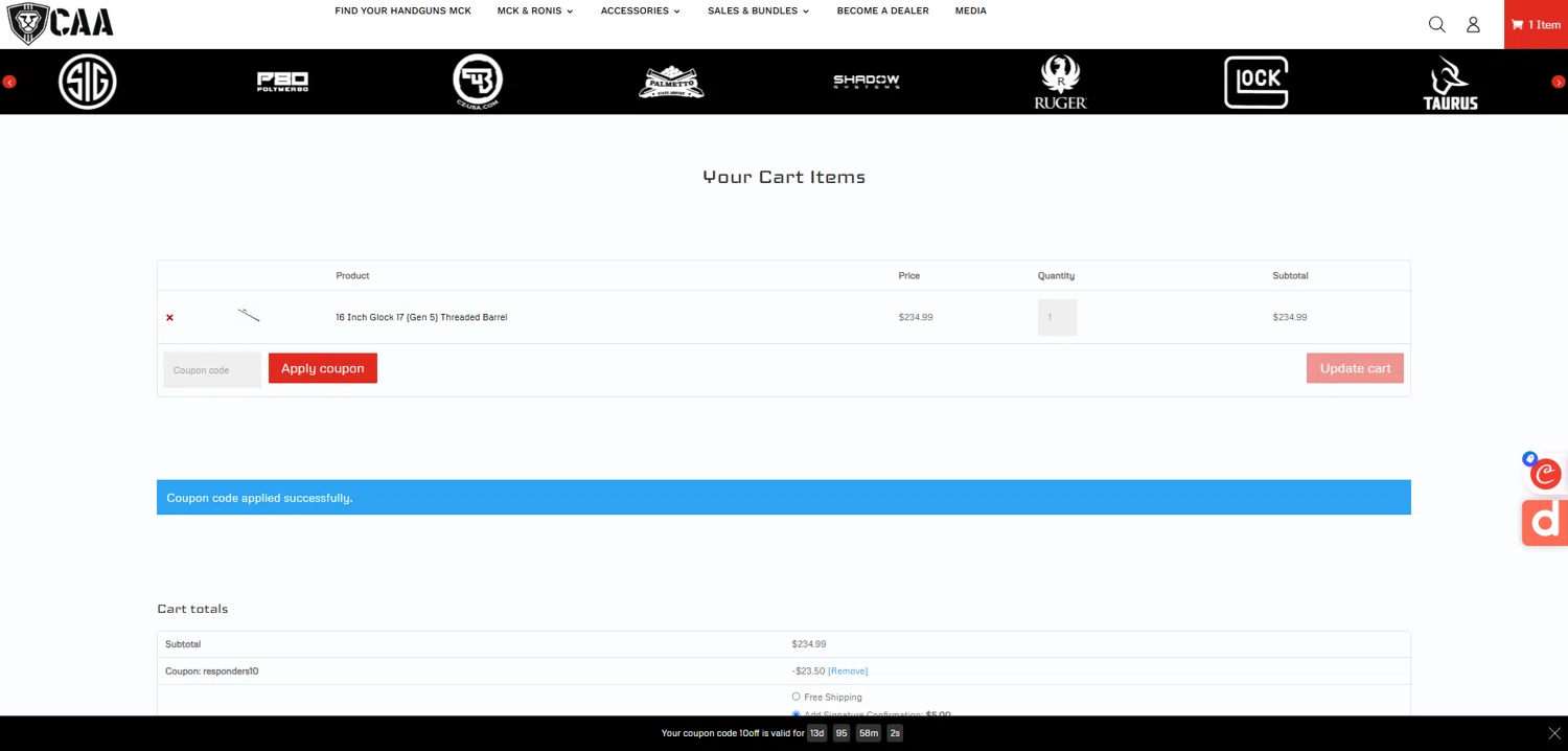 CAA USA coupon code screenshot showing code responders10 applied at CAA USA checkout page. Uploaded by SimplyCodes community member Dorothy on Jun 9, 2025