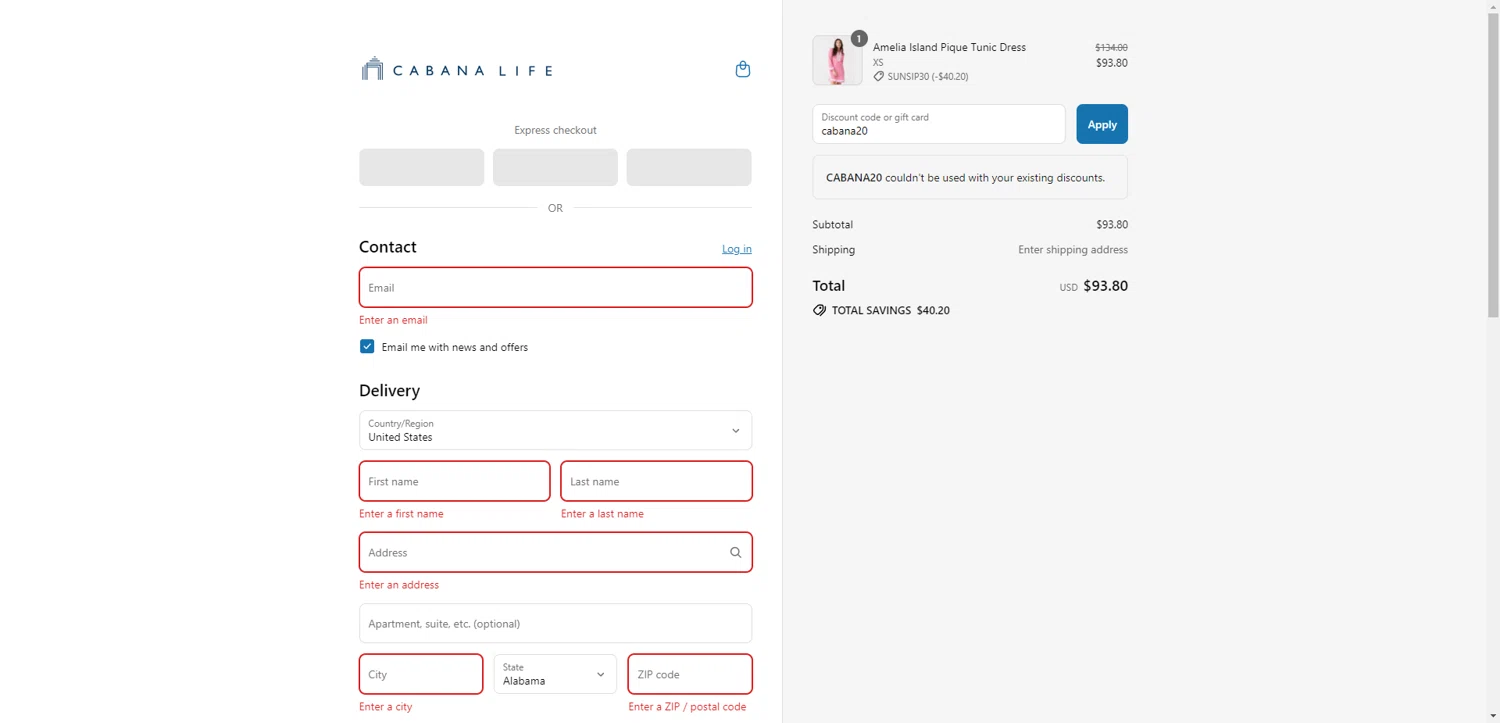 Cabana Life coupon code screenshot showing code cabana20 applied at Cabana Life checkout page. Uploaded by SimplyCodes community member CrownWhiz8114 on Jul 18, 2025
