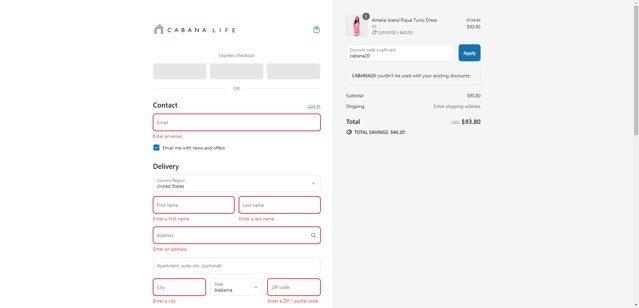 Cabana Life checkout page showing Cabana Life coupon code box | Screenshot taken by SimplyCodes community member on Jul 18, 2025