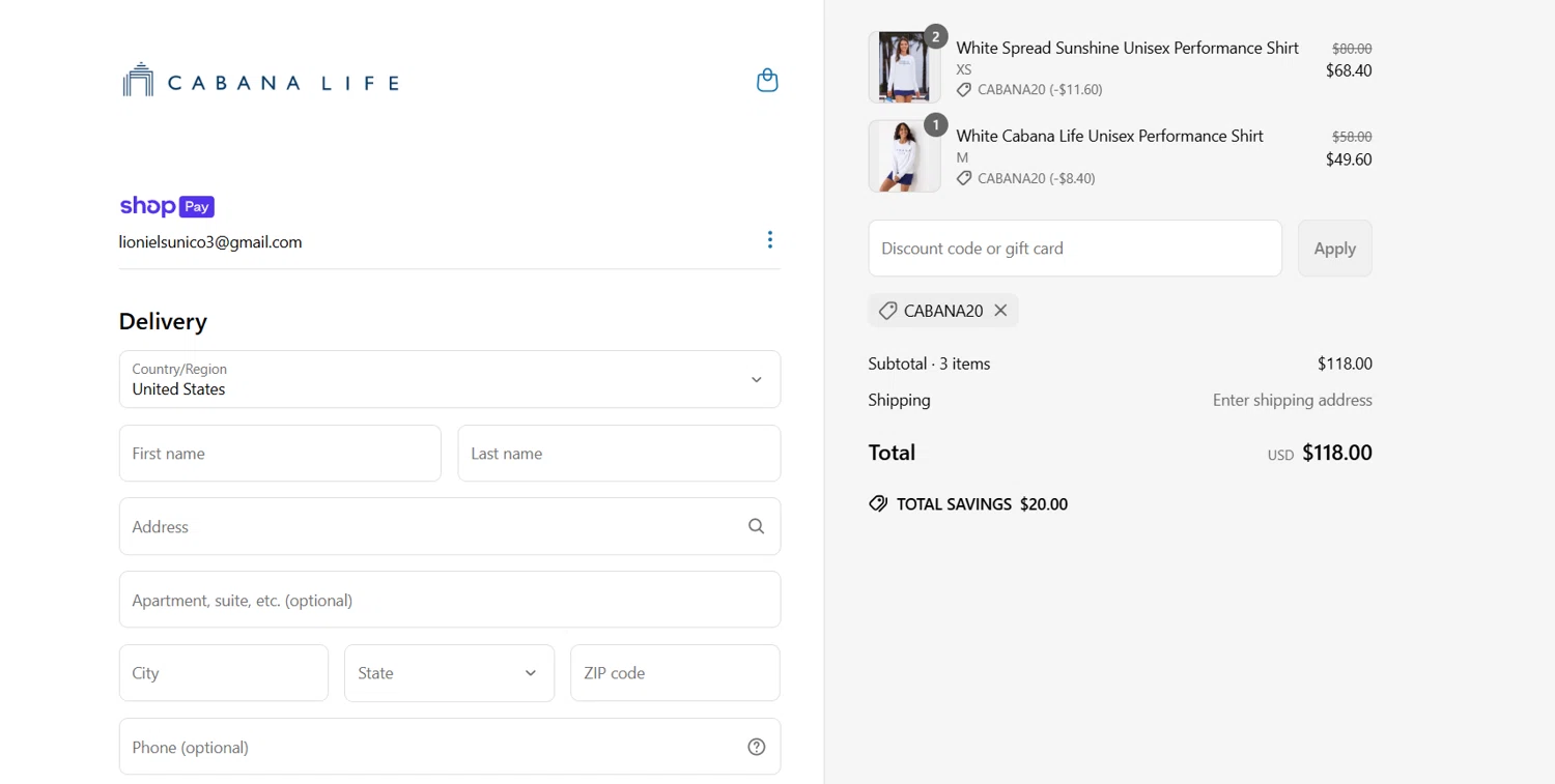 Cabana Life coupon code screenshot showing code cabana20 applied at Cabana Life checkout page. Uploaded by SimplyCodes community member Lioniel on Apr 25, 2025
