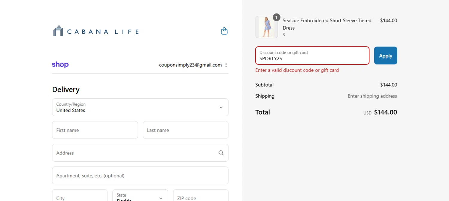 Cabana Life coupon code screenshot showing code SPORTY25 applied at Cabana Life checkout page. Uploaded by SimplyCodes community member CarmenAyuth on Aug 12, 2025