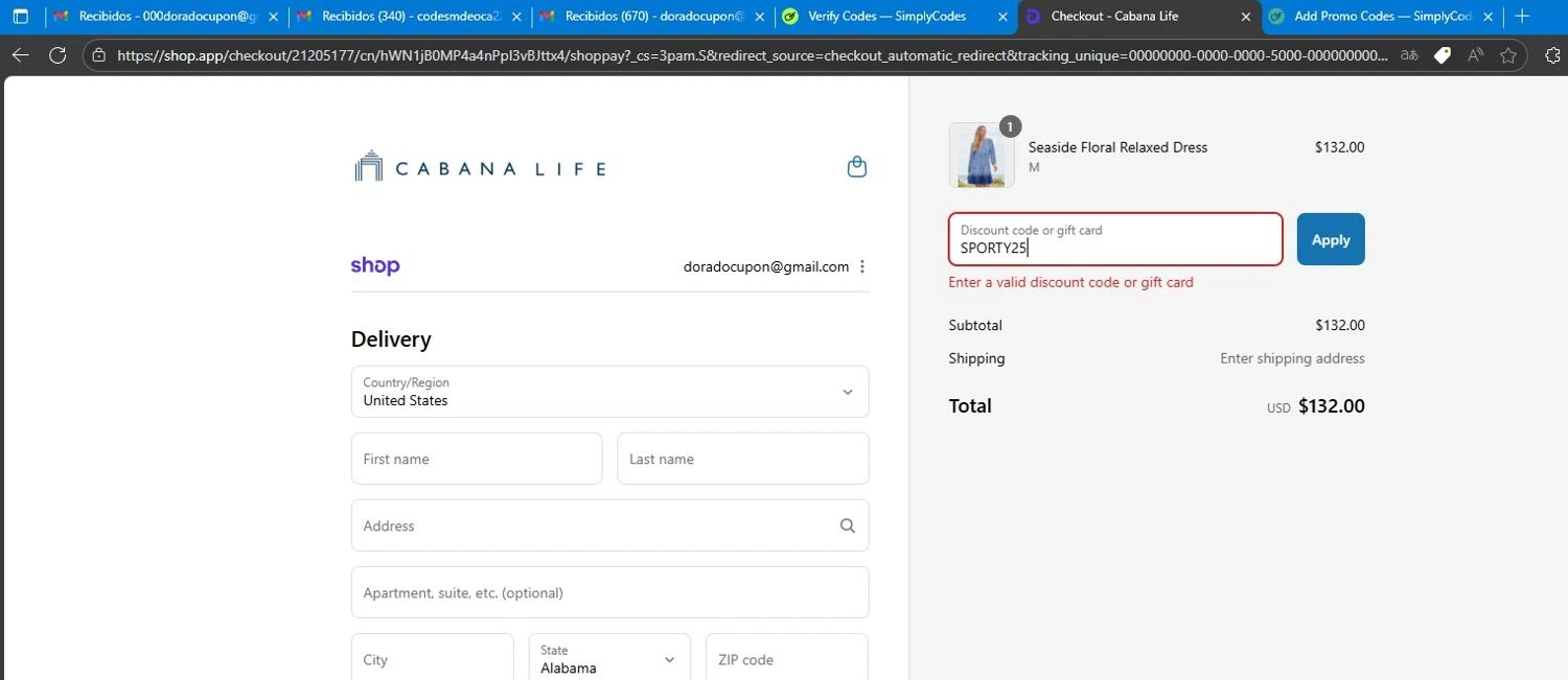 Cabana Life coupon code screenshot showing code SPORTY25 applied at Cabana Life checkout page. Uploaded by SimplyCodes community member Mdeoca on Aug 12, 2025