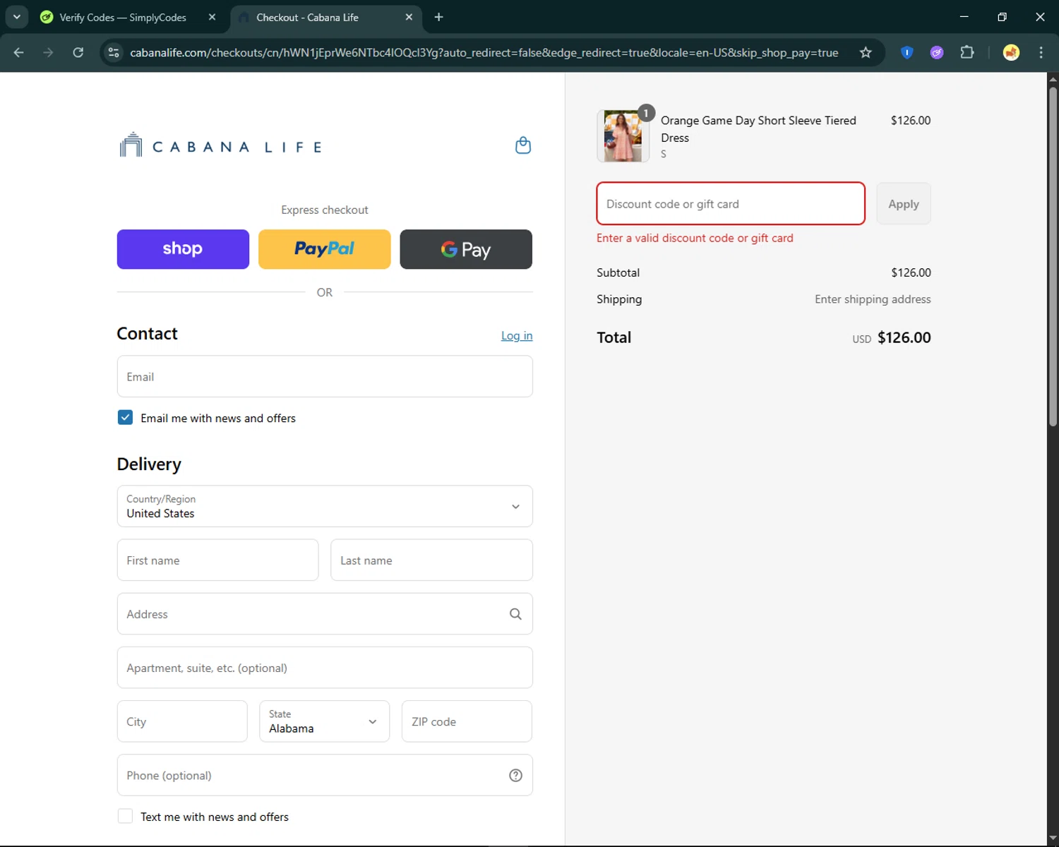 Cabana Life coupon code screenshot showing code SPORTY25 applied at Cabana Life checkout page. Uploaded by SimplyCodes community member SmartFinder4193 on Aug 12, 2025